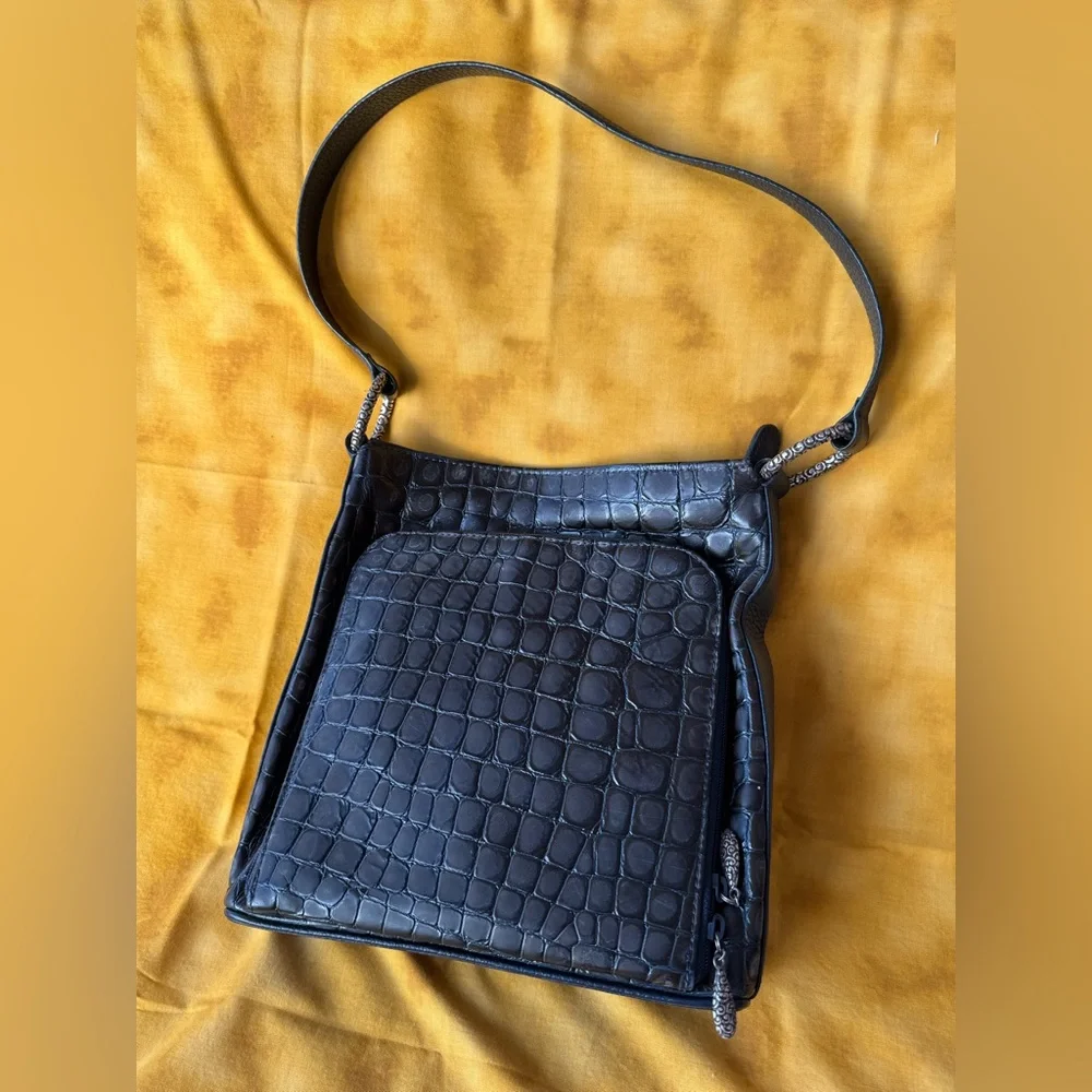 Brighton Black Croc-Embossed Shoulder Bag - Picture 1 of 9
